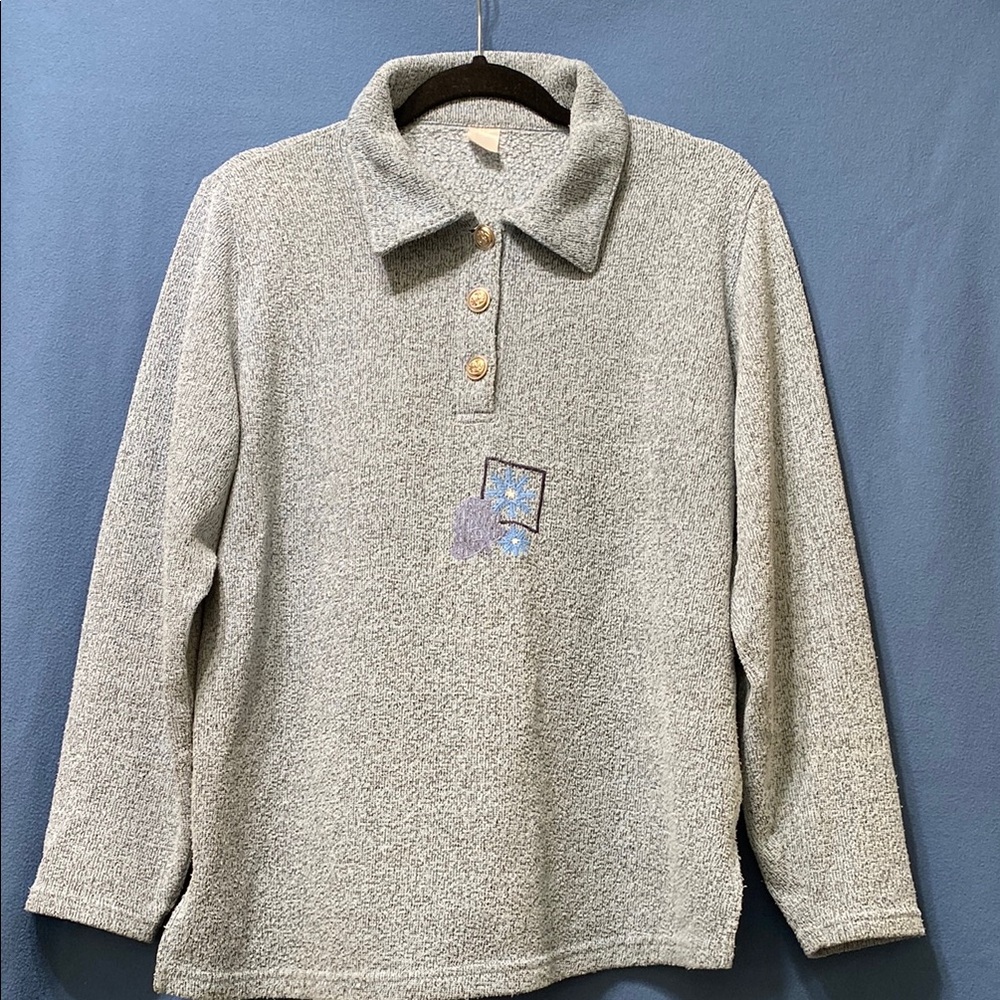 Used Blue-Gray Collared Pullover with Embroidery
